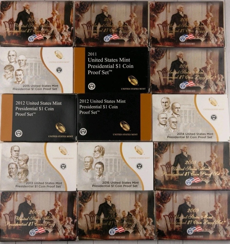 2007-2016 Complete Proof Sets Presidential Dollar Proof Sets  with Boxes  + COAs