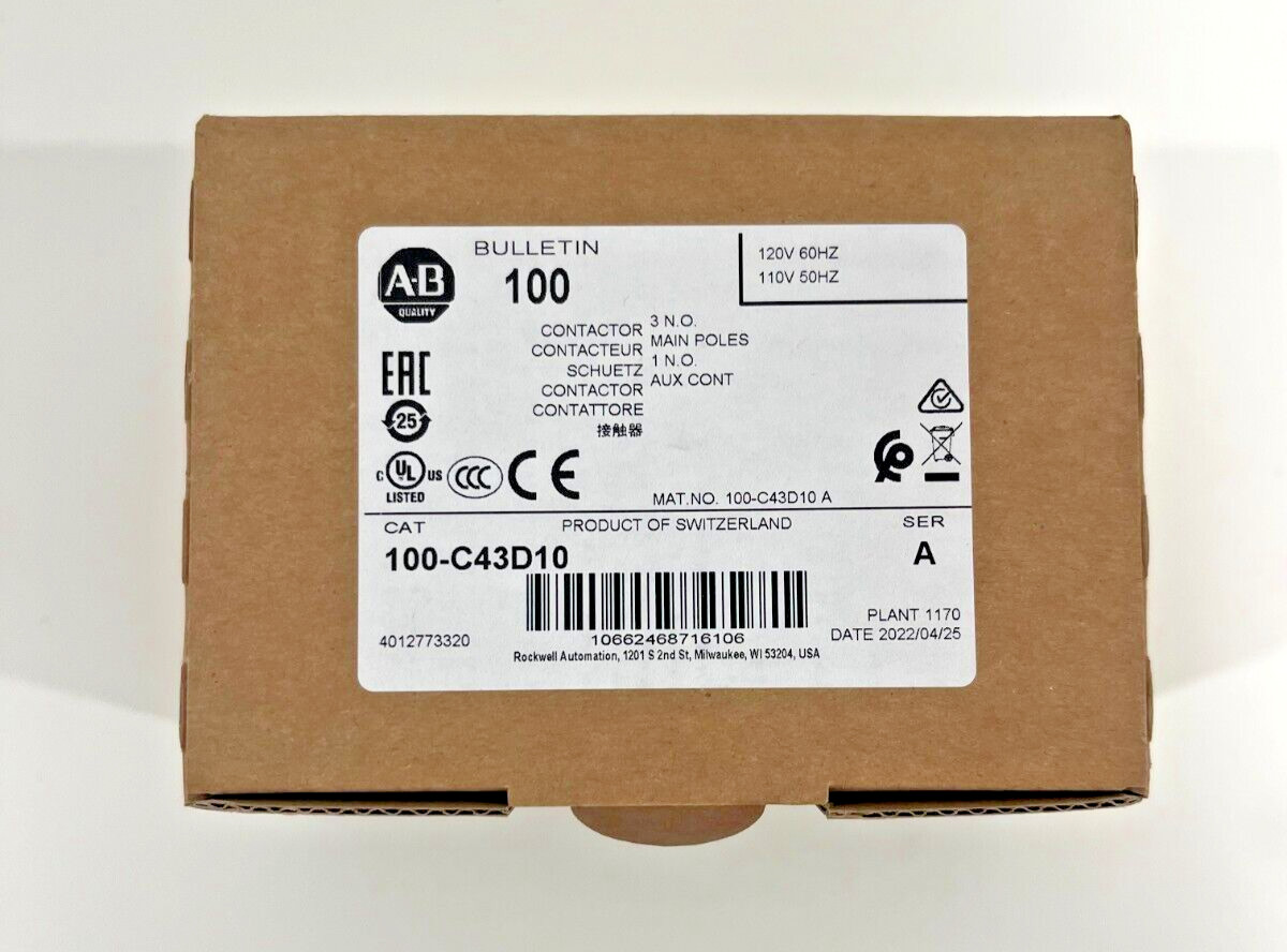 Allen-Bradley 100-C43D10 IEC Contactor 43 Amp 3P 43A 100C43D10 New inBox USSTOCK