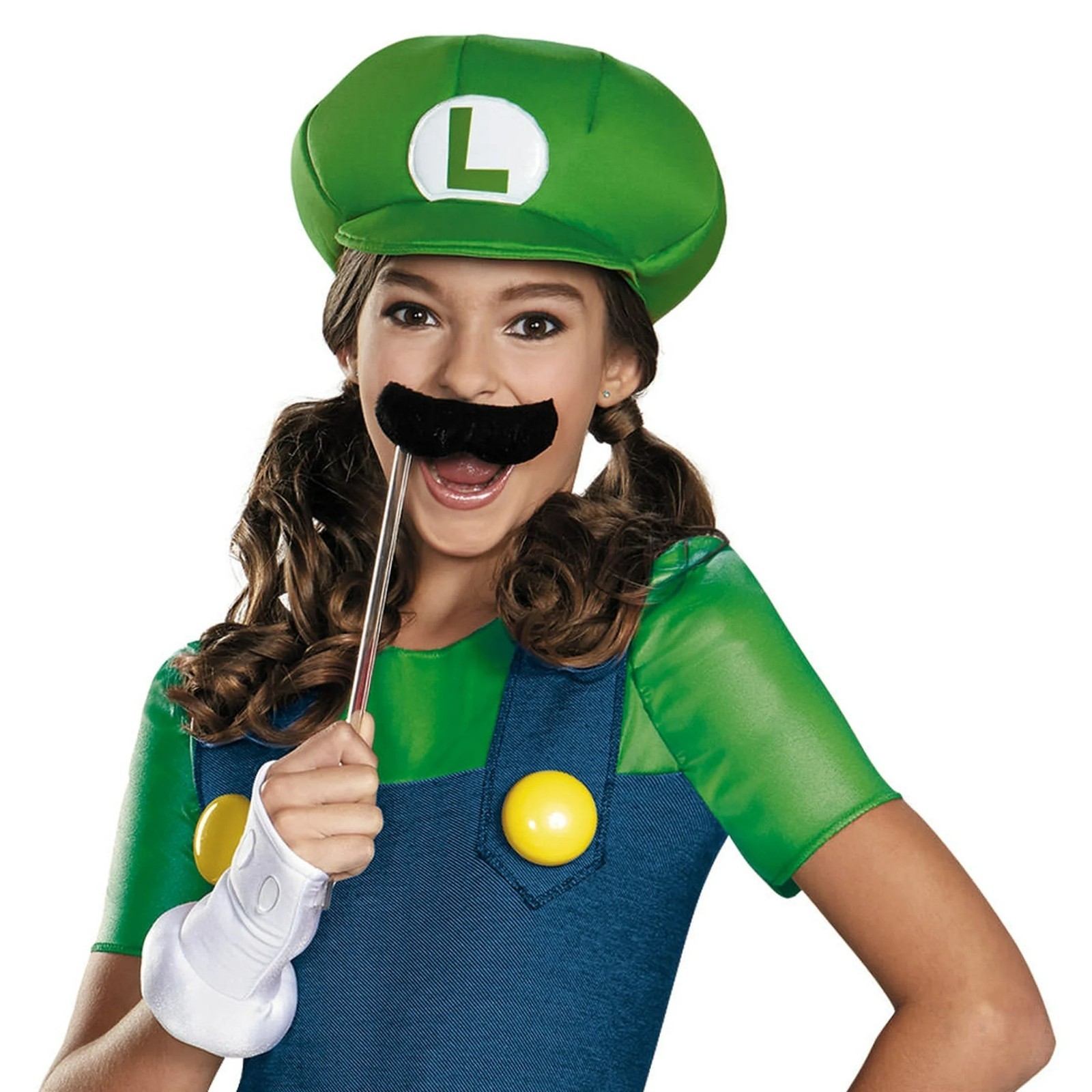 Luigi Costume Girls 10-12 Mustache Stick Gloves Hat Jumpsuit Super Mario Cute