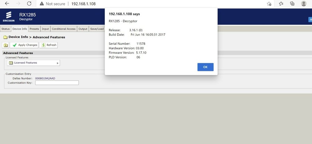 Ericsson Tandberg RX1285 DVB-S/S2/ASI HD/SD Multi-Service Decryptor Decrypter