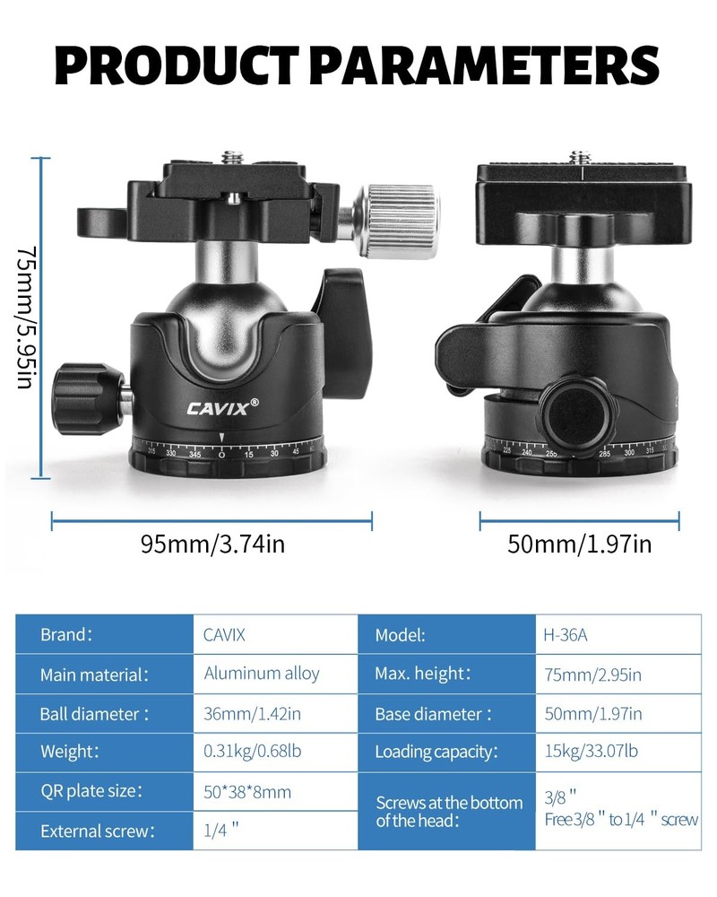 Ball Head Mount, CAVIX 36mm Camera Dia. 36mm, Black&Silver