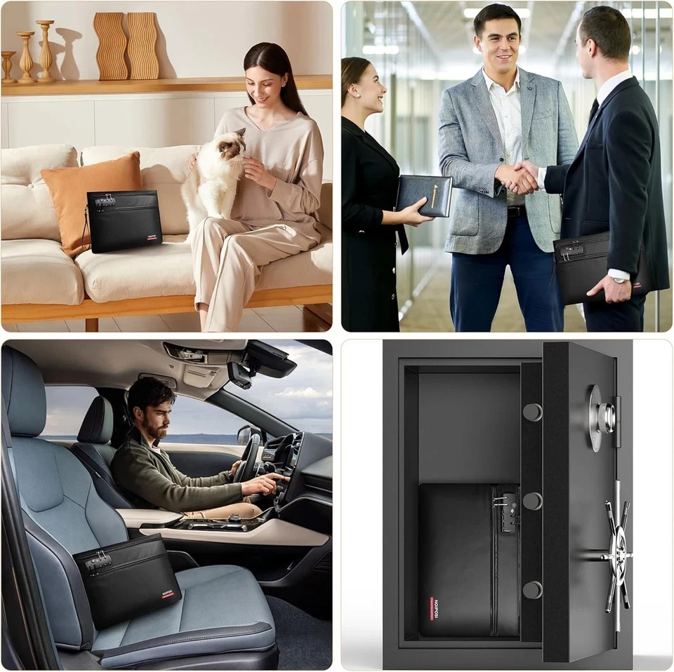 6400℉ Fireproof Money Bag with Lock,Dual-Zip Compartments Fireproof Document ...