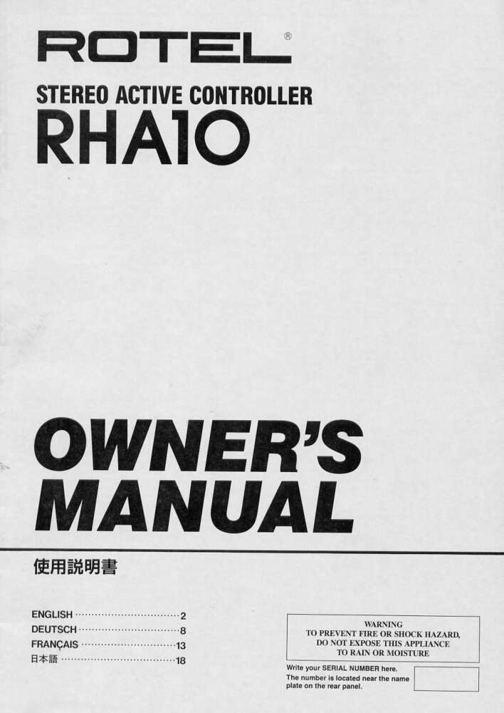 Rotel RHA-10 Controller Owners Manual