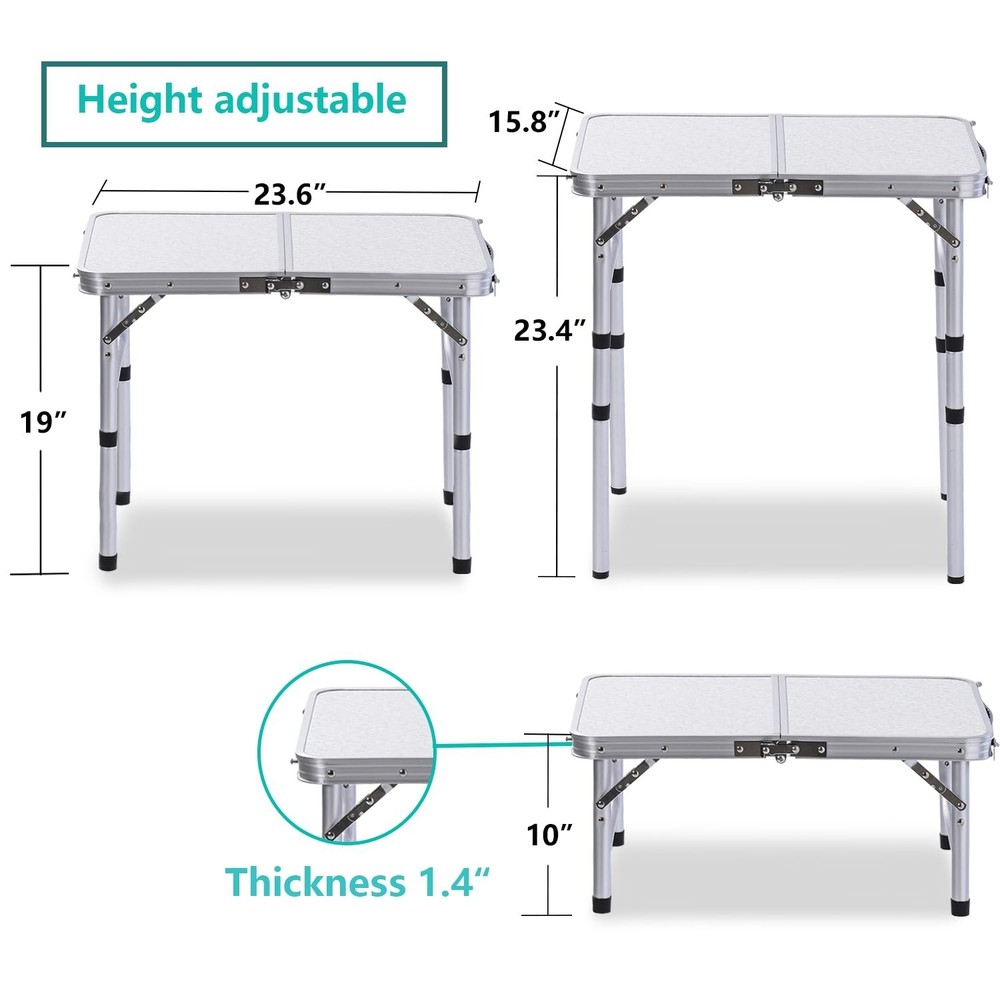 Adjustable Height Camping Table with Mesh Layer, 23.6" x 15.7" Portable Foldi...