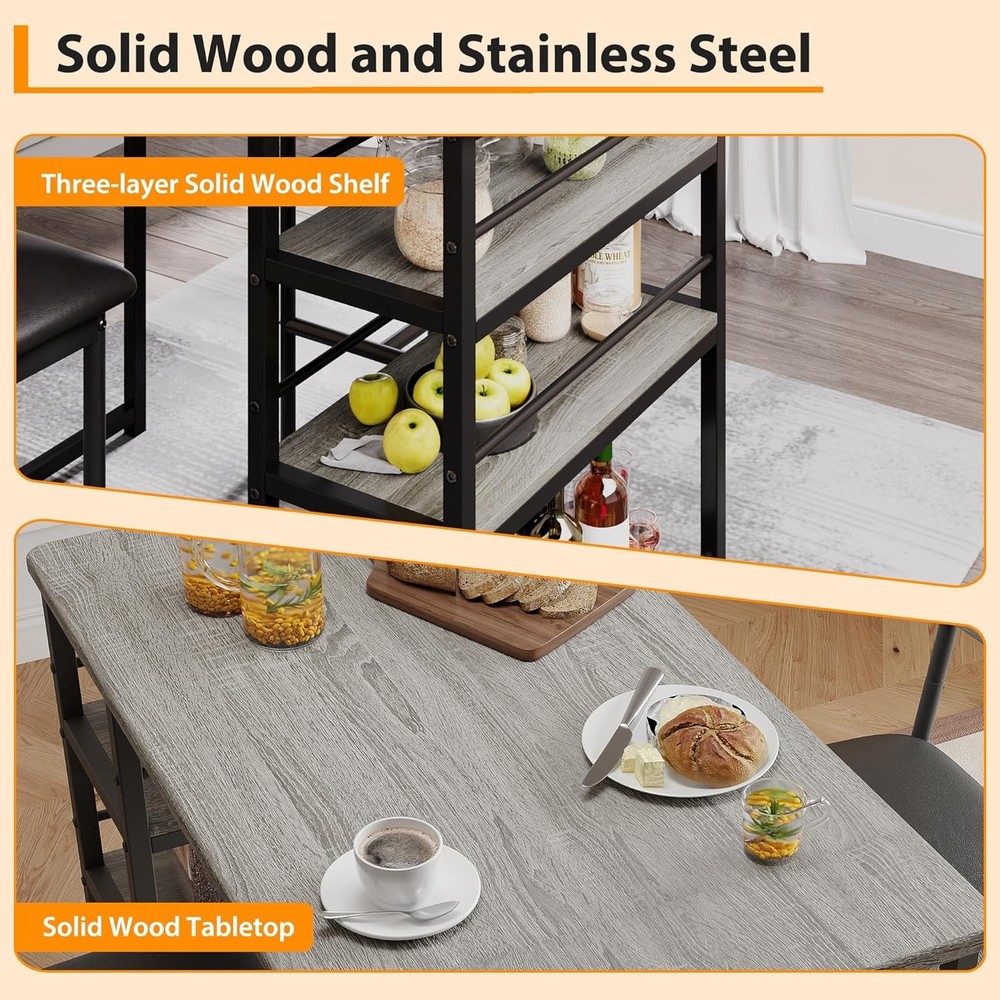 Bar Table and Stools Set for 2, Modern Dining Table Set with 3 Storage Shelves