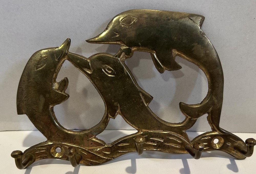 Vintage Solid Brass Dolphin Key Tie Belt Holder Wall Mount with Hooks Organizer