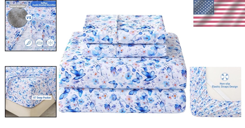 Cozy Full Microfiber Sheets with Butterfly Print