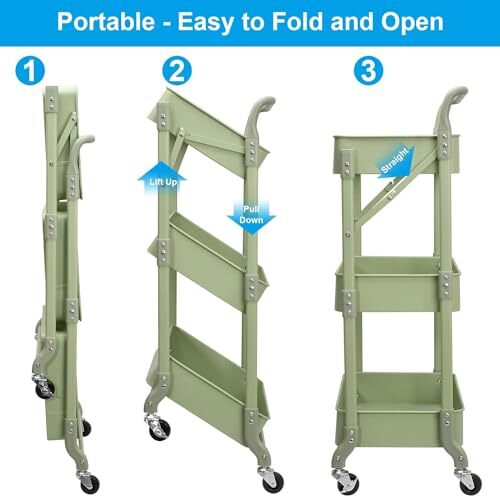 Foldable 3 Tier Metal Utility Rolling Cart Folding Mobile Multifunction Storage