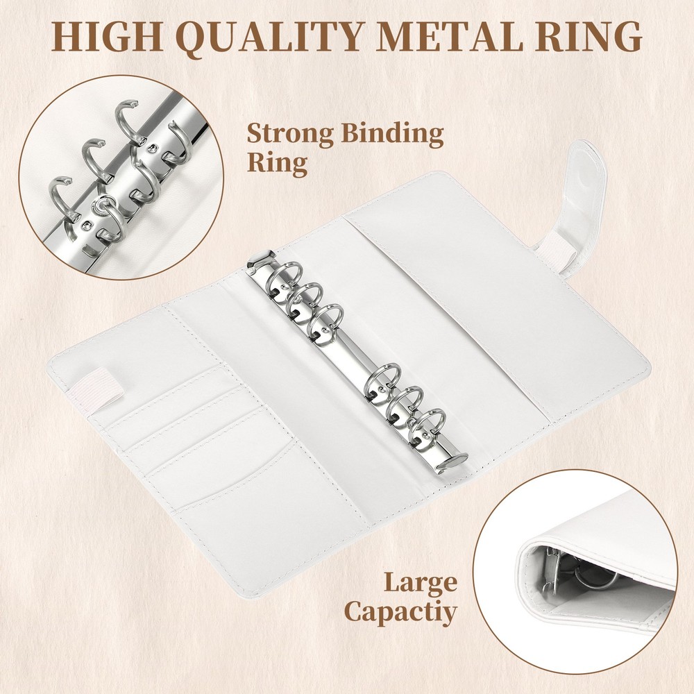 A6 PU Leather Binder Protector, 6 Ring Loose Leaf Notebook Shell, White