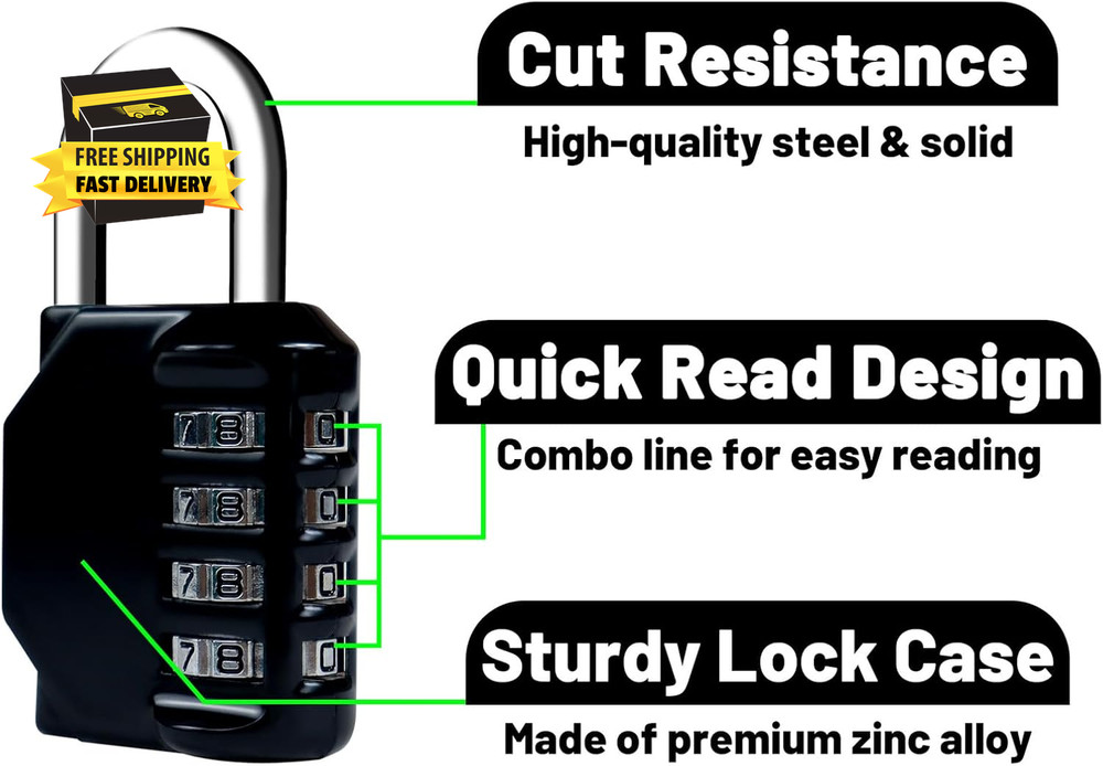 Combination Lock 4 Digit, Resettable Locker Lock,Waterproof Metal Combination Pa