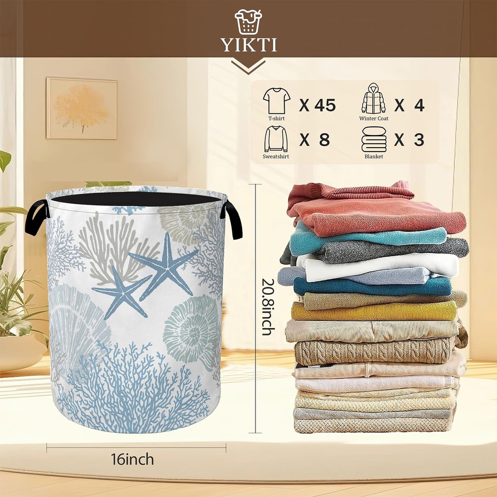 Collapsible Laundry Basket,Coastal Beach Dirty Clothes Hamper,Shell Starfish ...