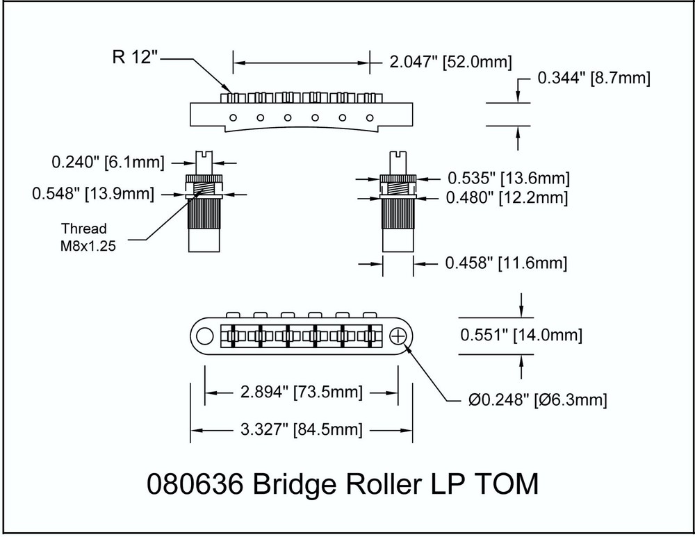 Bridge Roller Post Style 6 String Gold 52mm spread 080636GD