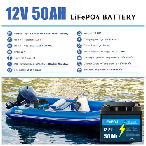 12V 50Ah LiFePO4 Lithium Battery with Charger, Smart BMS, for RV, Marine Lot