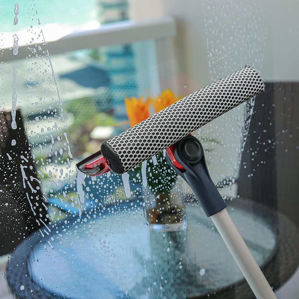 Professional Window Squeegee | 2-In-1 Window Cleaner Sponge and Soft Rubber Stri