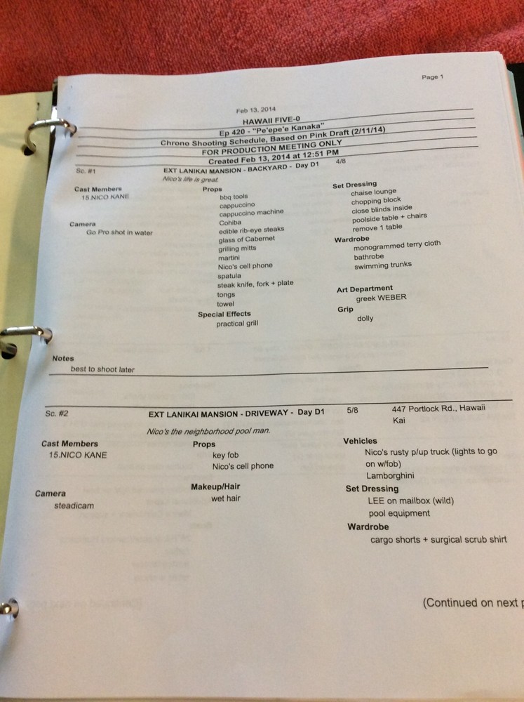HAWAII FIVE-O ORIGINAL SCRIPT 420 SCHEDULE 2014 PE'EPE'E KANAKA DANIEL DAE KIM