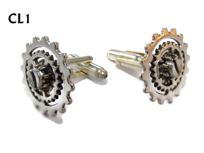 steampunk jewellery cufflinks silver coloured clockwork gearwheels/cogs #CL1