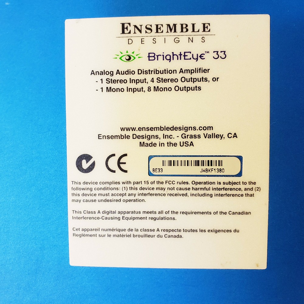 Ensemble Designs BrightEye 33 Analog Audio Distribution Amplifier Bright Eye