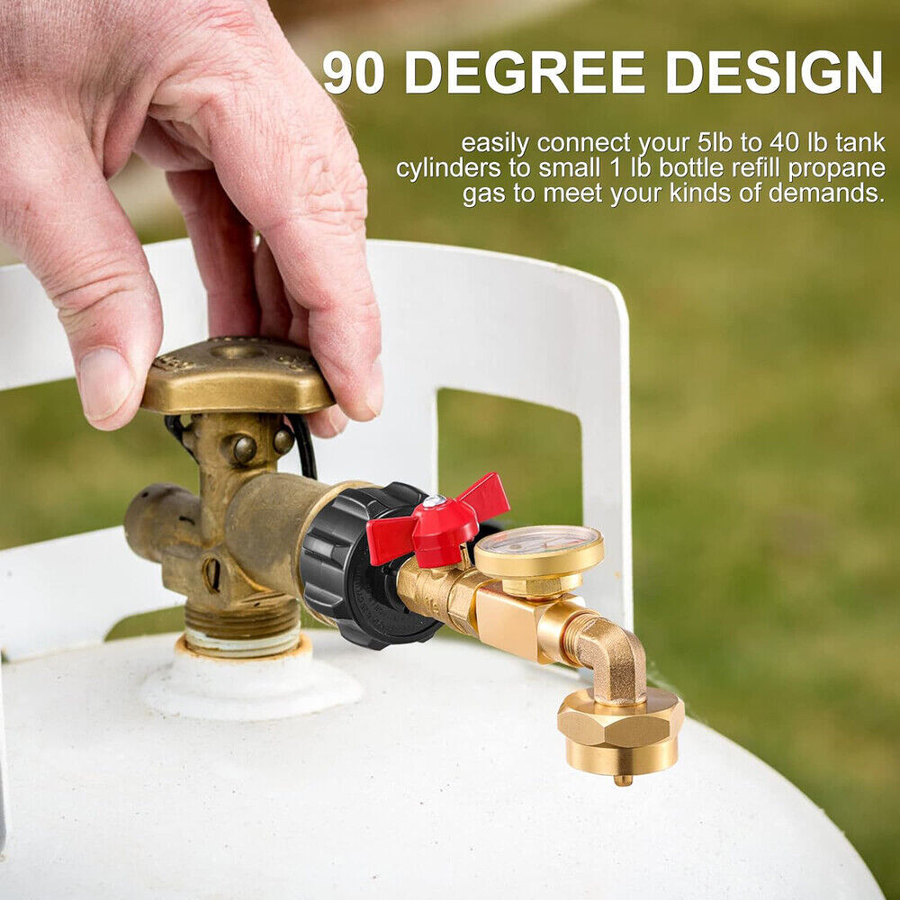 Propane Refill Adapter 20lb to 1lb, 90° Design, Quick & Smooth Refilling