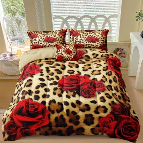 Cheetah Print Comforter Set Size Red Rose Flower Bedding Set 4 King Leopard