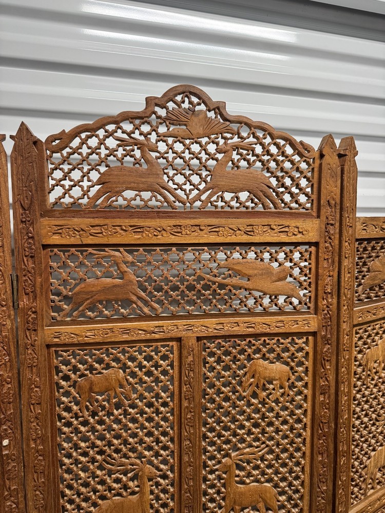 Mid-Century Carved Folding Four Panel Room Divider Screen