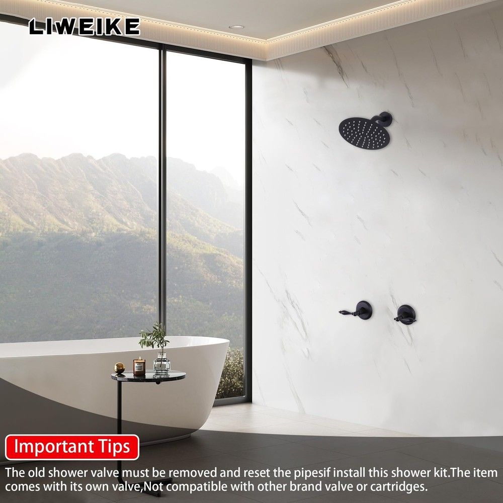 2 Handle Shower Faucet Set Matte Black Two Handles with 8 Inch Rain Head 2 Knobs