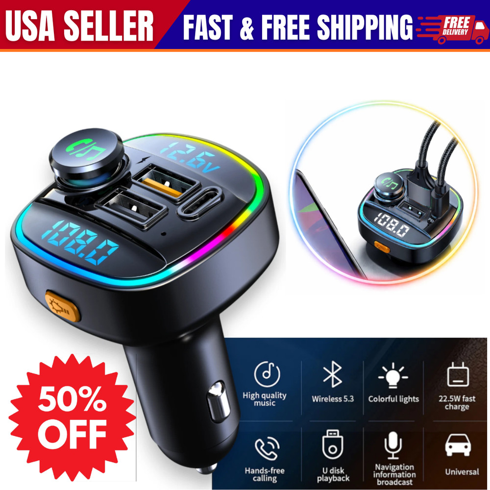 Bluetooth 5.0 Car Wireless FM Transmitter Adapter USB PD Charger AUX Hands LOT