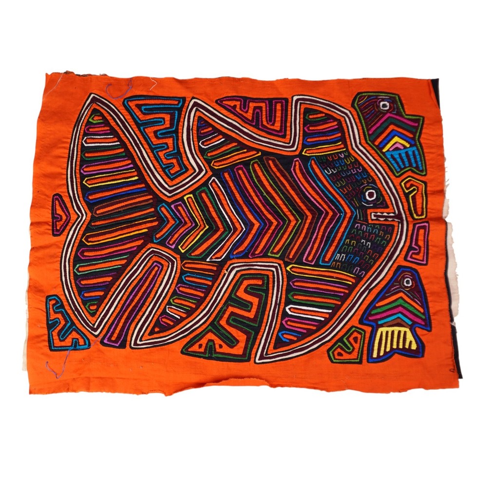 Large 21x16” Kuna Mola Fish Textile – Handmade Panama Reverse Appliqué Folk Art