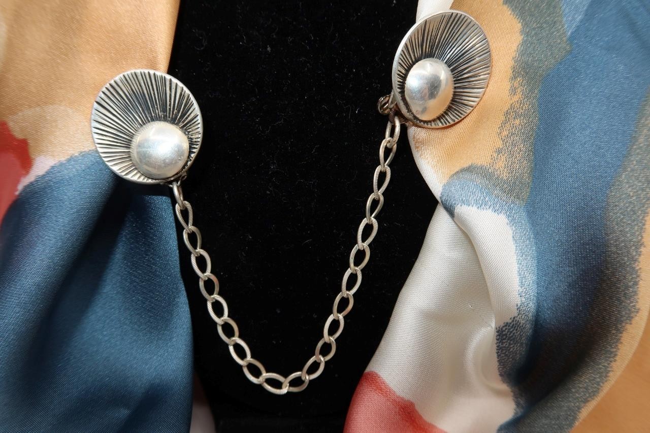 VTG CARLOS DIAS Sterling Silver 15g Sweater Clips, Pearl & Shell Design, 6 1/2"
