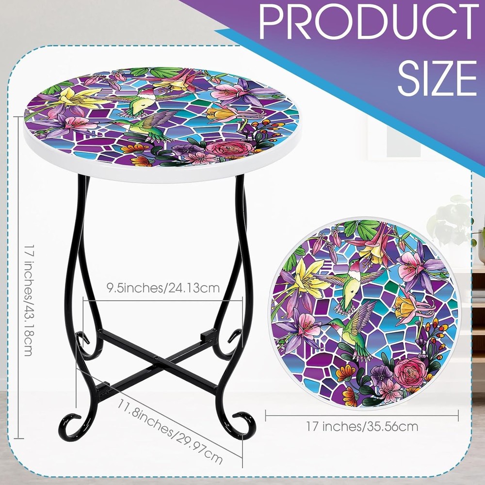 Weysat 14" Mosaic Side Multicolor Hummingbird Pattern on White/Black Base