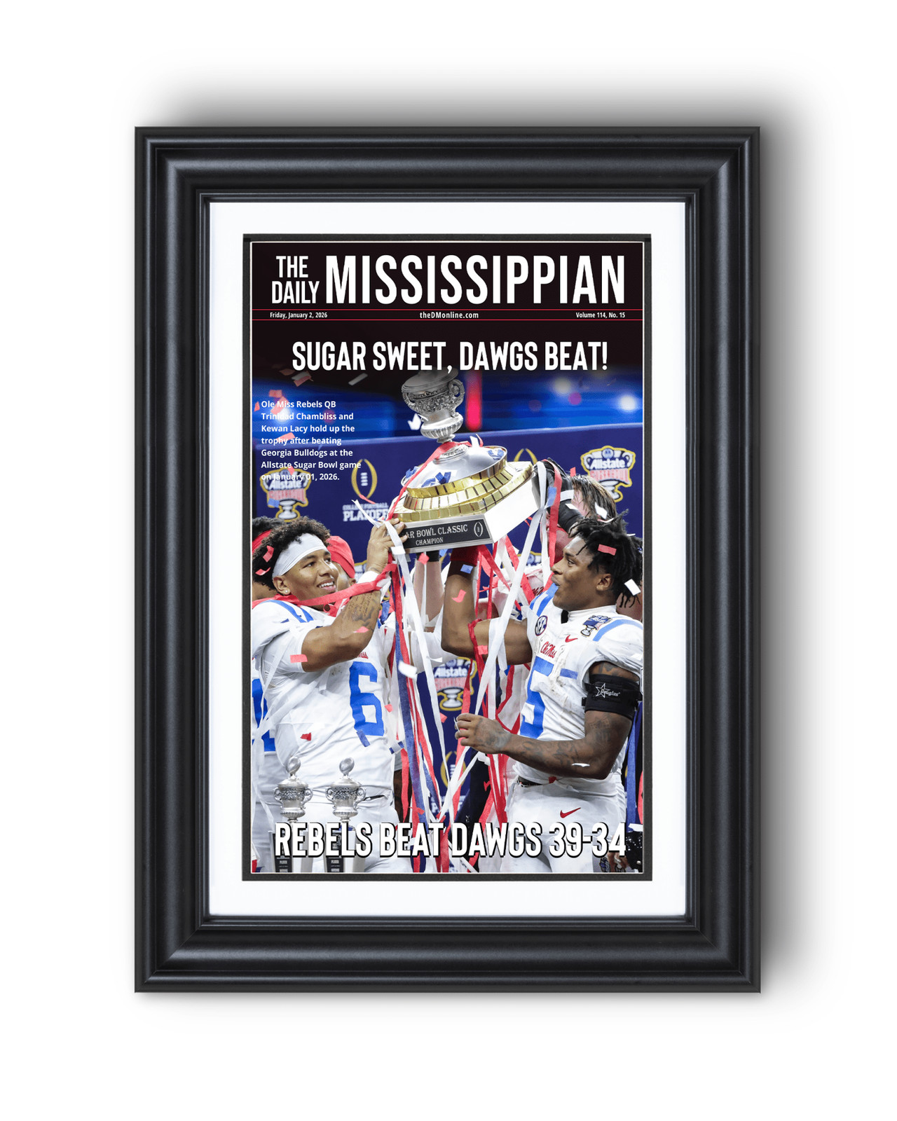 2026 Ole Miss Beats Georgia 39–34 Sugar Bowl Framed Newspaper | Rebels CFP Colle