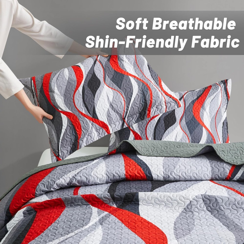 Classic Line Pattern Bedding Quilt King Size Modern Grey Red & Black Stripe