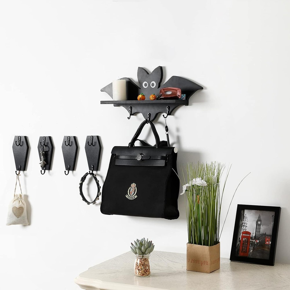 4 Pieces Coffin Wall Hook for Keys - Spooky Gothic Home Decor Black