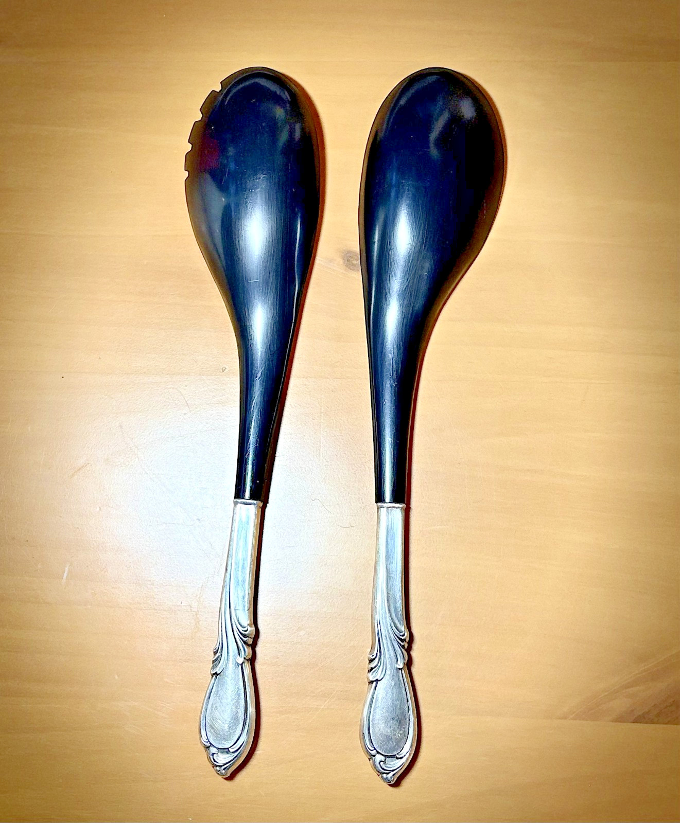 Vtg Intern’l Sterling Silver-Handled Rhapsody Black Plastic Salad Serving Set