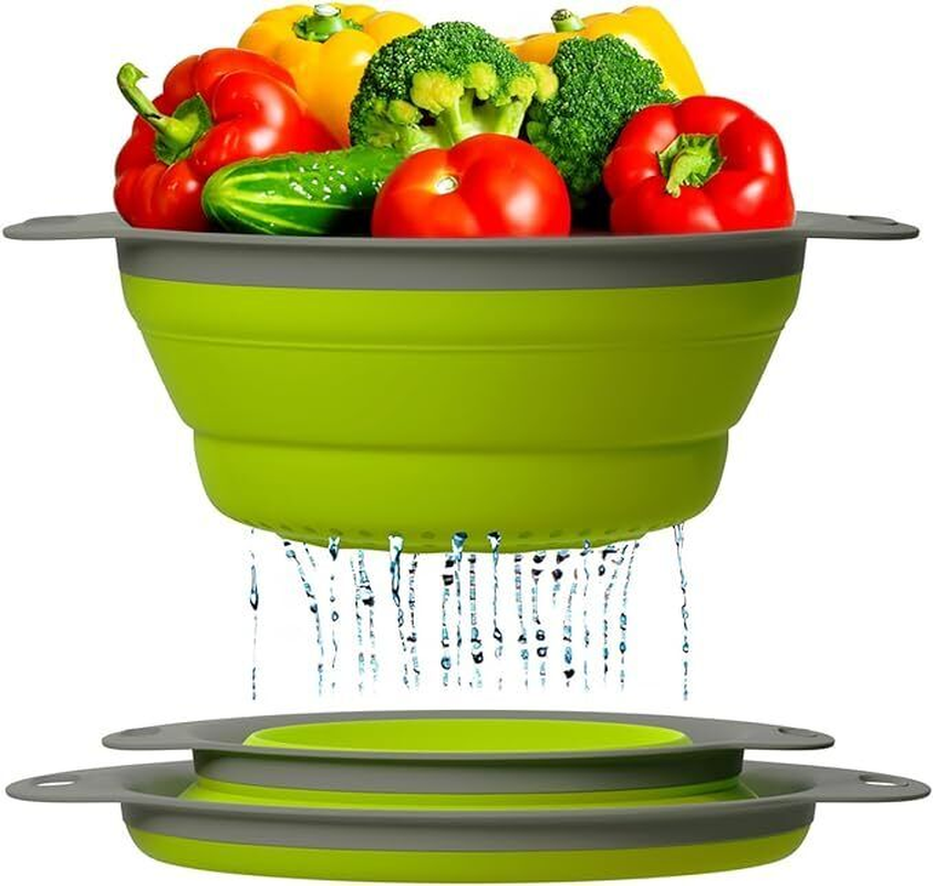 Collapsible Colanders, Space-Saving Food-Grade Silicone Strainers (Green)