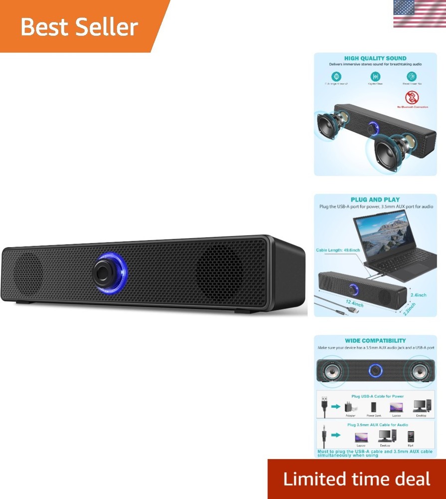 USB-A Powered Stereo Desktop Speakers - Compact Wired Audio Solution