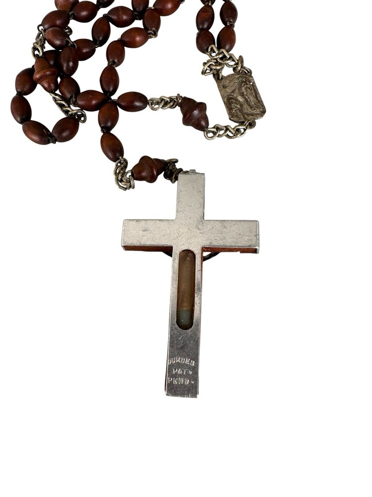 RARE French Lourdes Rosary Prayer Wood Beads Mary Jesus Crucifix Holy Vail