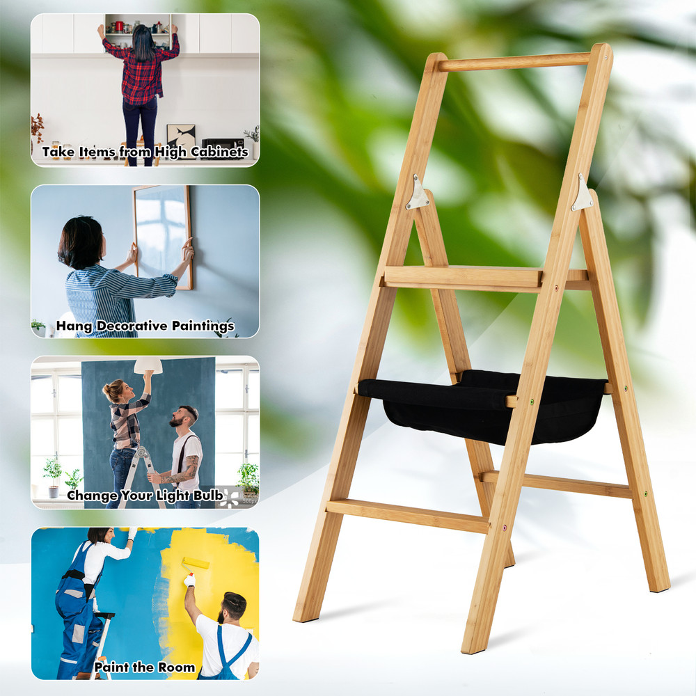 3-Step Ladder Foldable Bamboo Step Stool with Wide Pedal & Storage Bag Natural