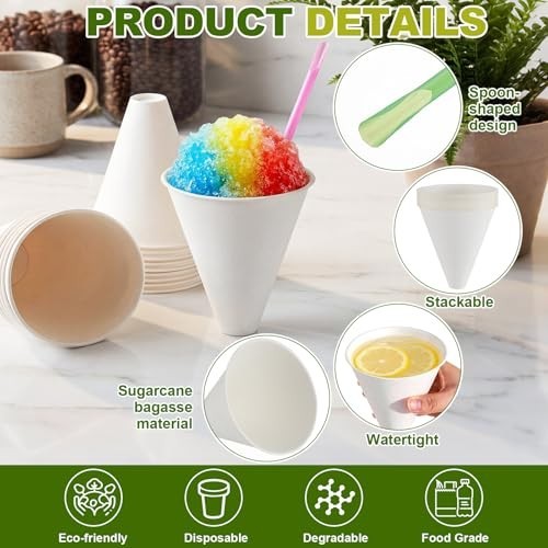 100 Pack 6oz Compostable Snow Cone Cups with Spoon Straws - Biodegradable & No-L