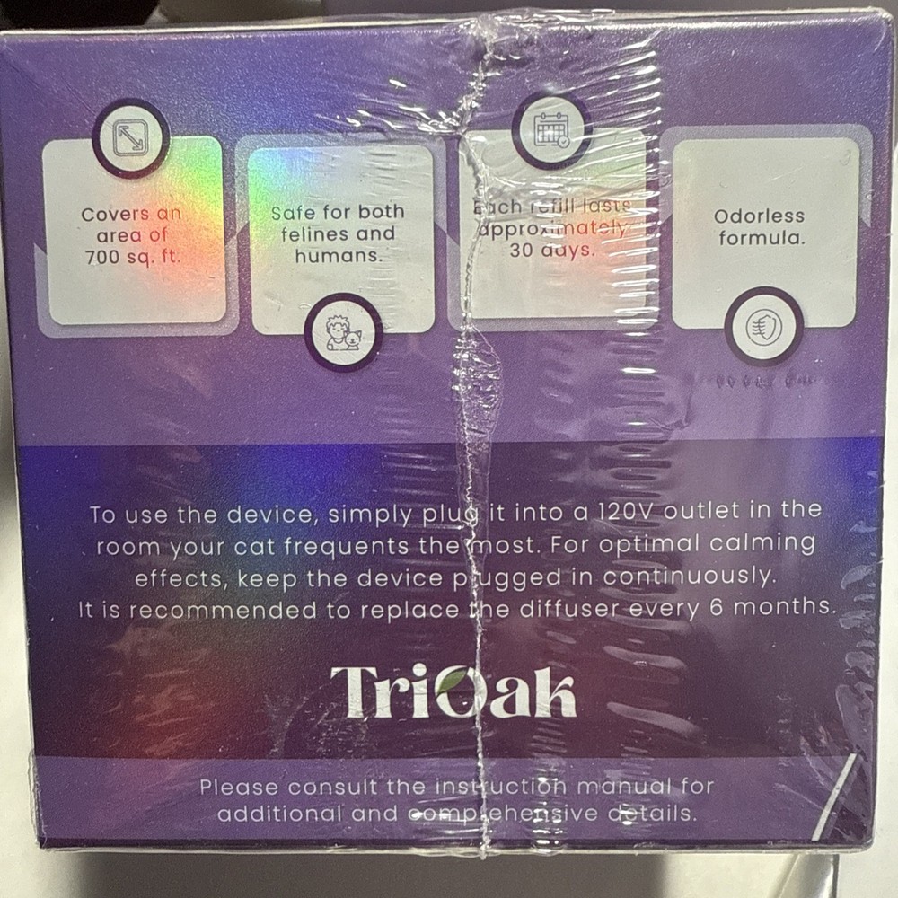 TriOak Cat Calming Diffuser 2 in 1 Anxiety Relief Pheromone Refills 4 Pack *READ