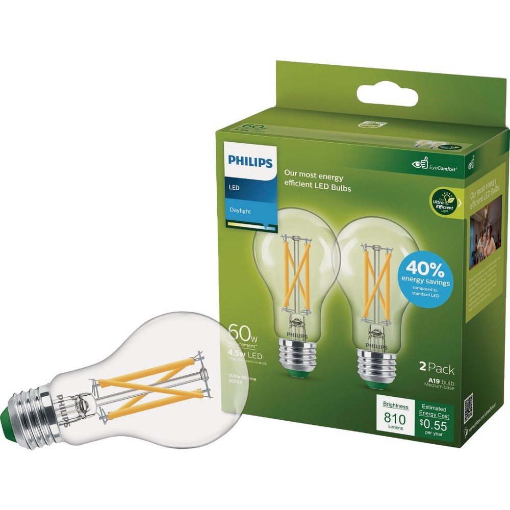 Philips Ultra Efficient 60W Equivalent Daylight A19 LED Light Bulb (2-Pack)