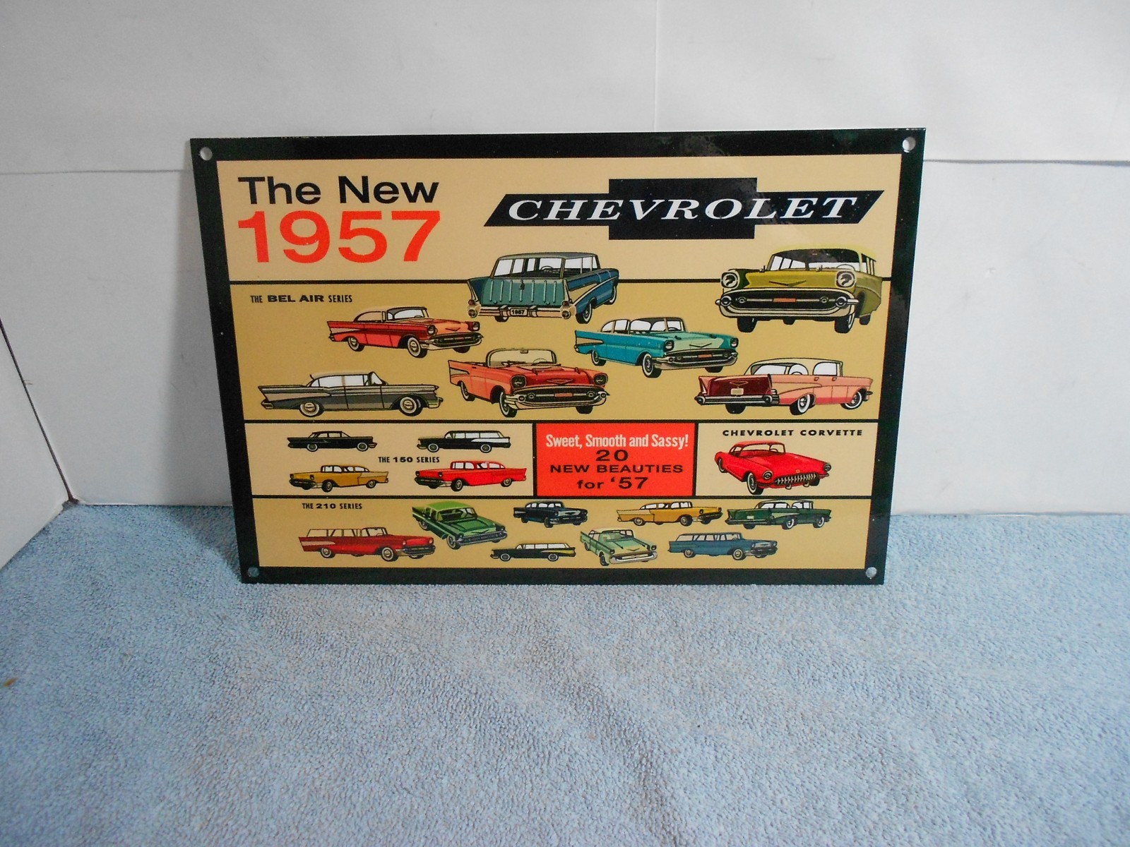 VINTAGE 12x8 in CHEVROLET NEW BEAUTIFUL 1957 CHEVY`S ADV SIGN HEAVY METAL -825 A
