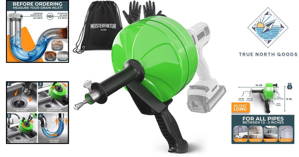 Professional Grade 50FT Drain Snake - Includes Drill Attachment and Gloves