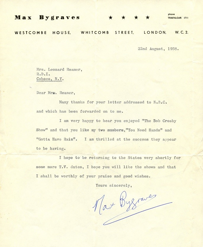 British Actor MAX BYGRAVES Signed Letter