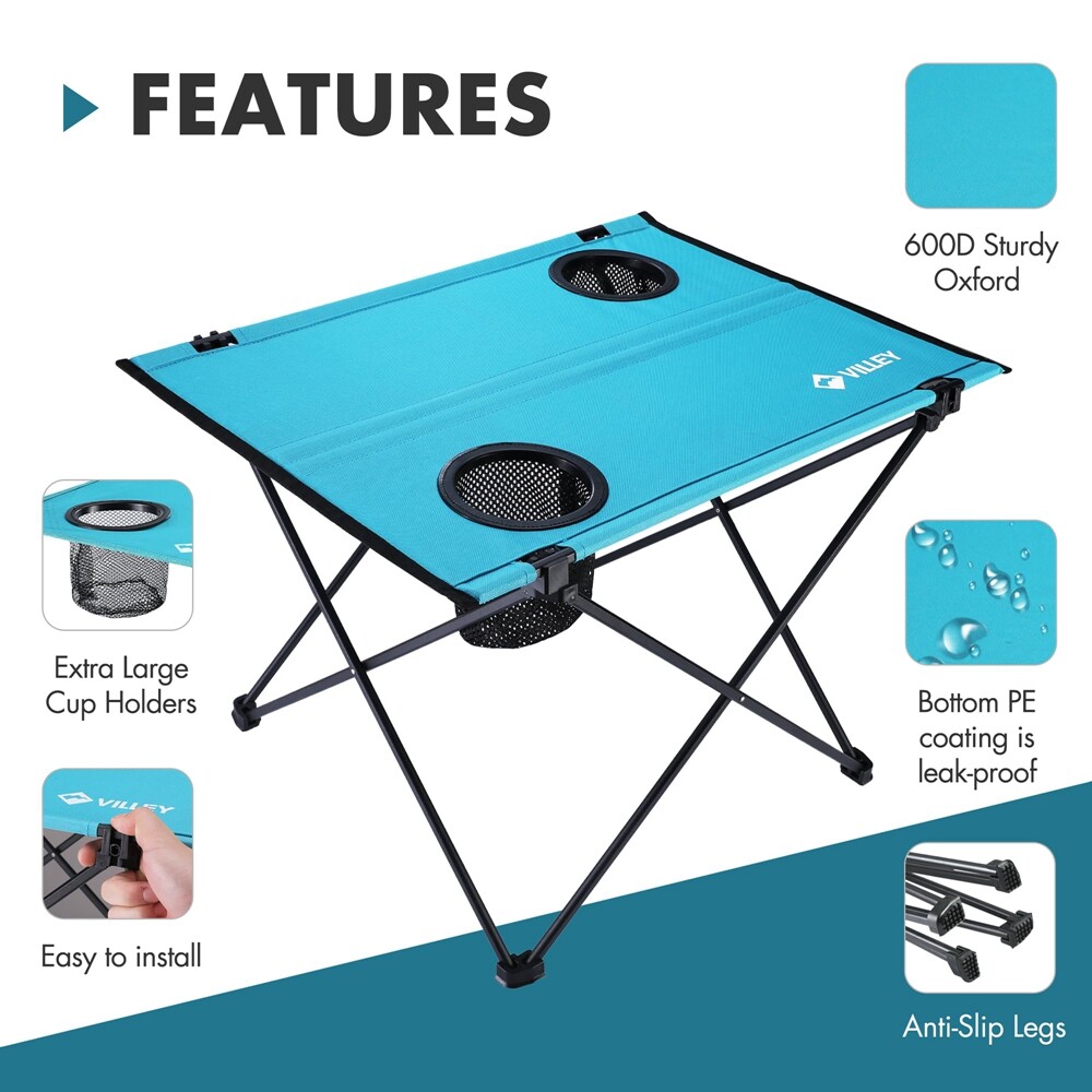 VILLEY Folding Camping Table Lightweight Portable Beach Table with 2 Cup Holders