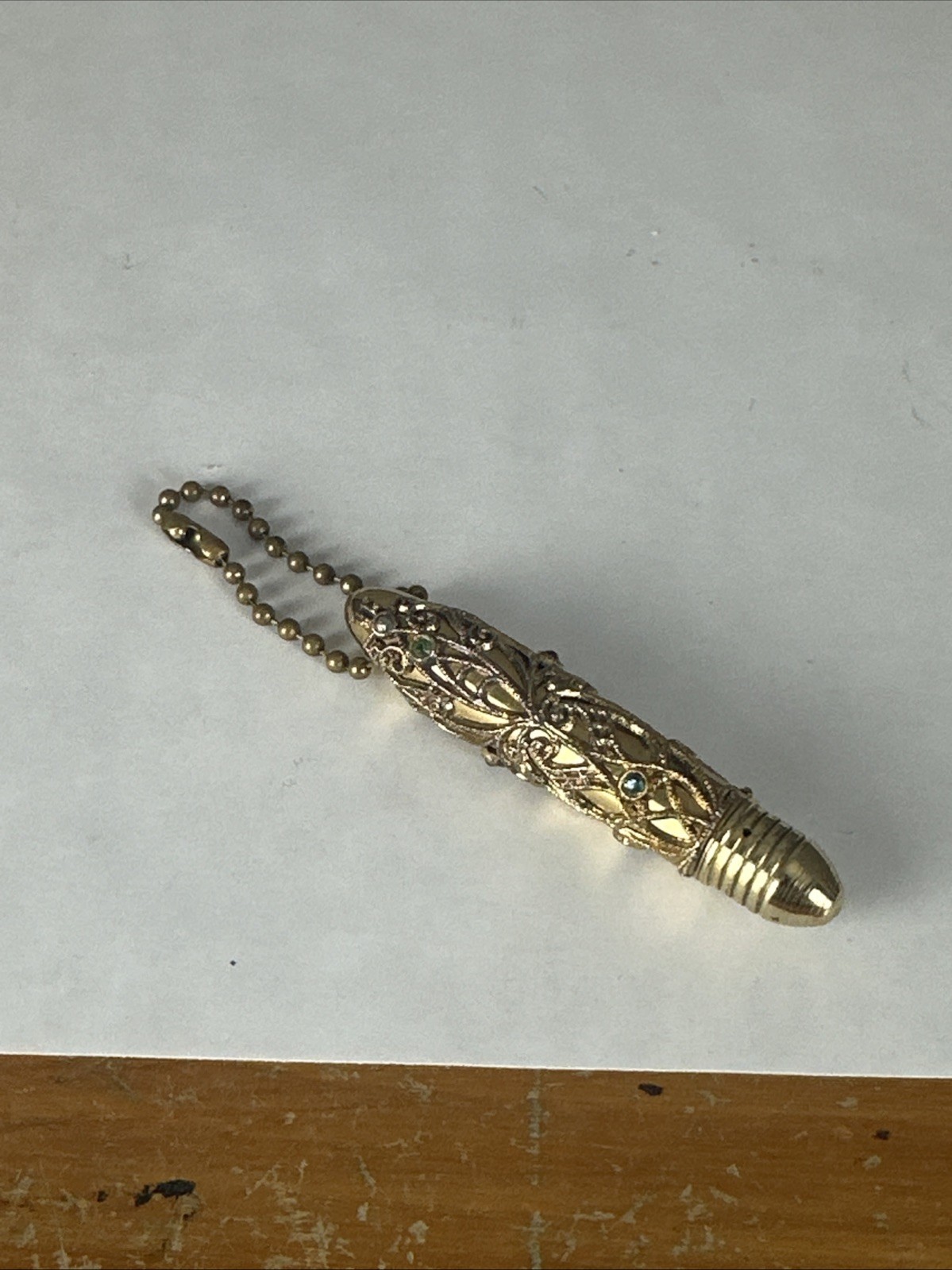 Antique Art Nouveau Ornate Gold Tone Filigree Chatelaine Pen Jeweled Case