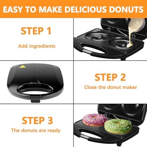 Donut Maker Machine - Bake 2 Donuts, Non-Stick, Double-Sided Heating, Easy Clean