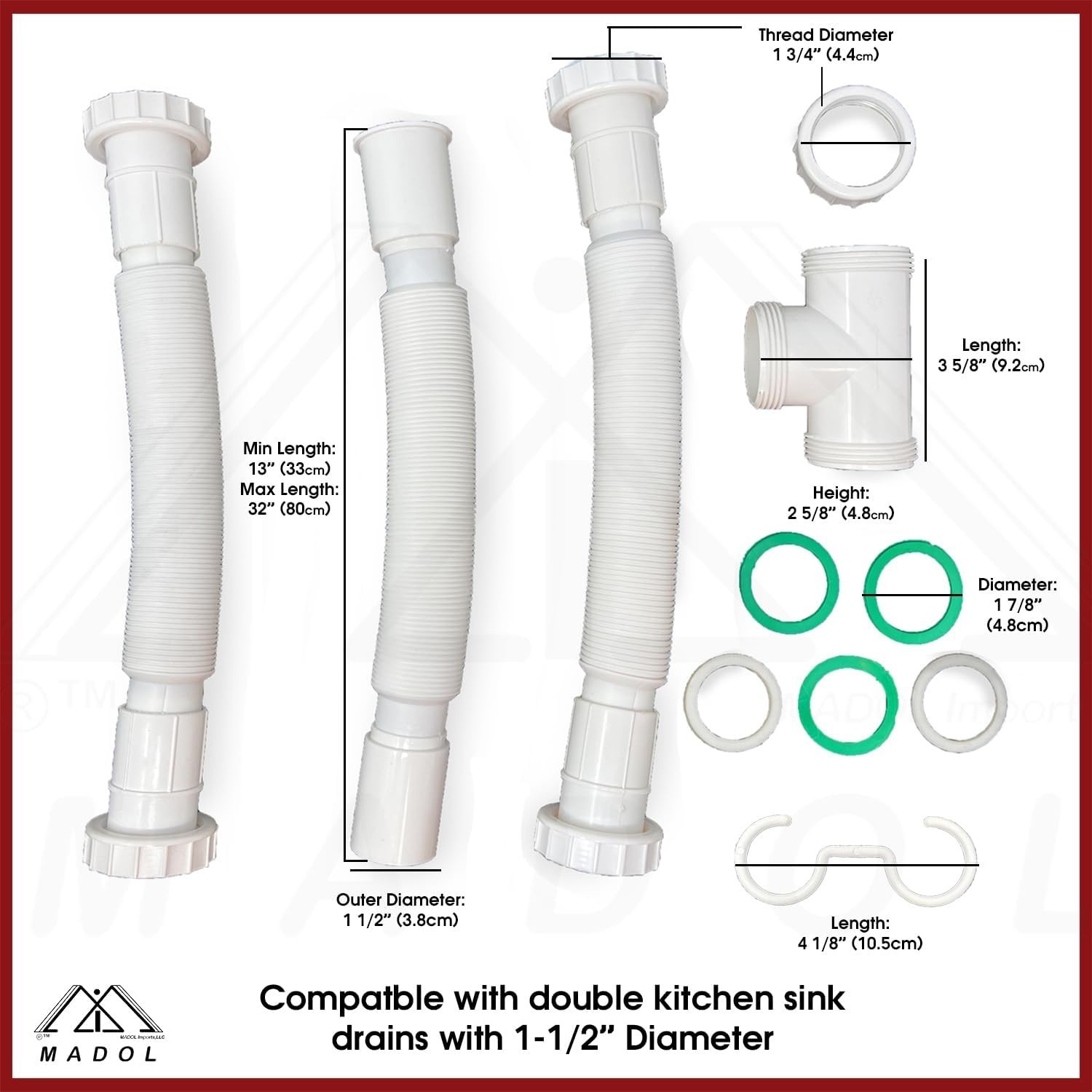 Kitchen Sink Drain Kit, 1-1/2” All-in-One Corrugated Flexible Pipe Set