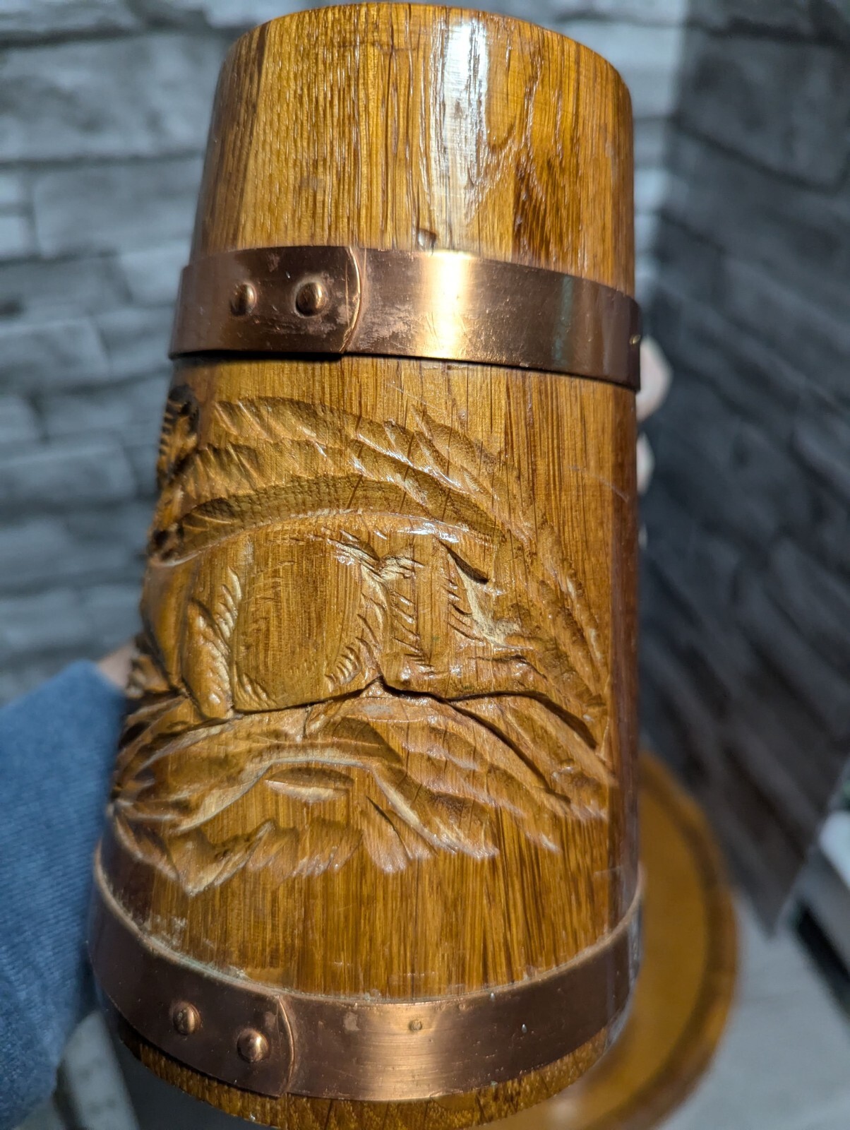 Vtg Set Of 5 Wood & Copper Beer Mug Stein Tankard Cups w/Tray Viking Bar Decor