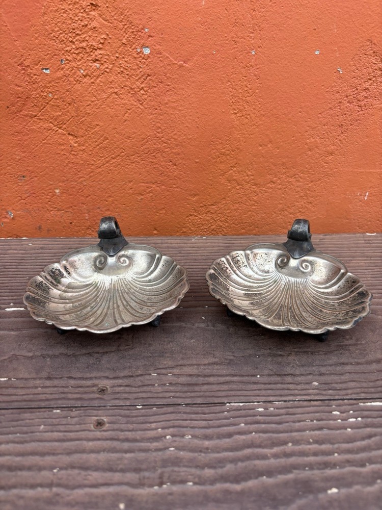 Lot 2 Vtg Crescent Silver Co Plated Clam Shell Serving Dish Trinket Tray Footed