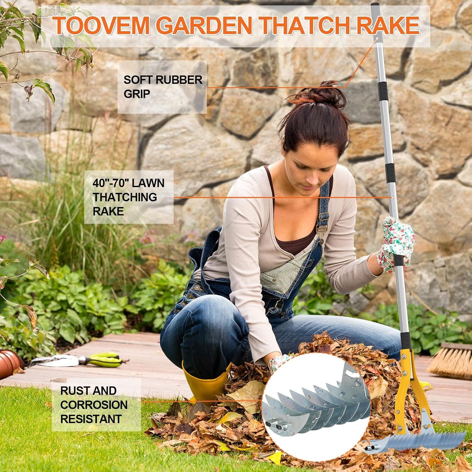 TOOVEM Thatch Rake Lawn Dethatcher Rake for Lawn Double-Sided Thatching Rake